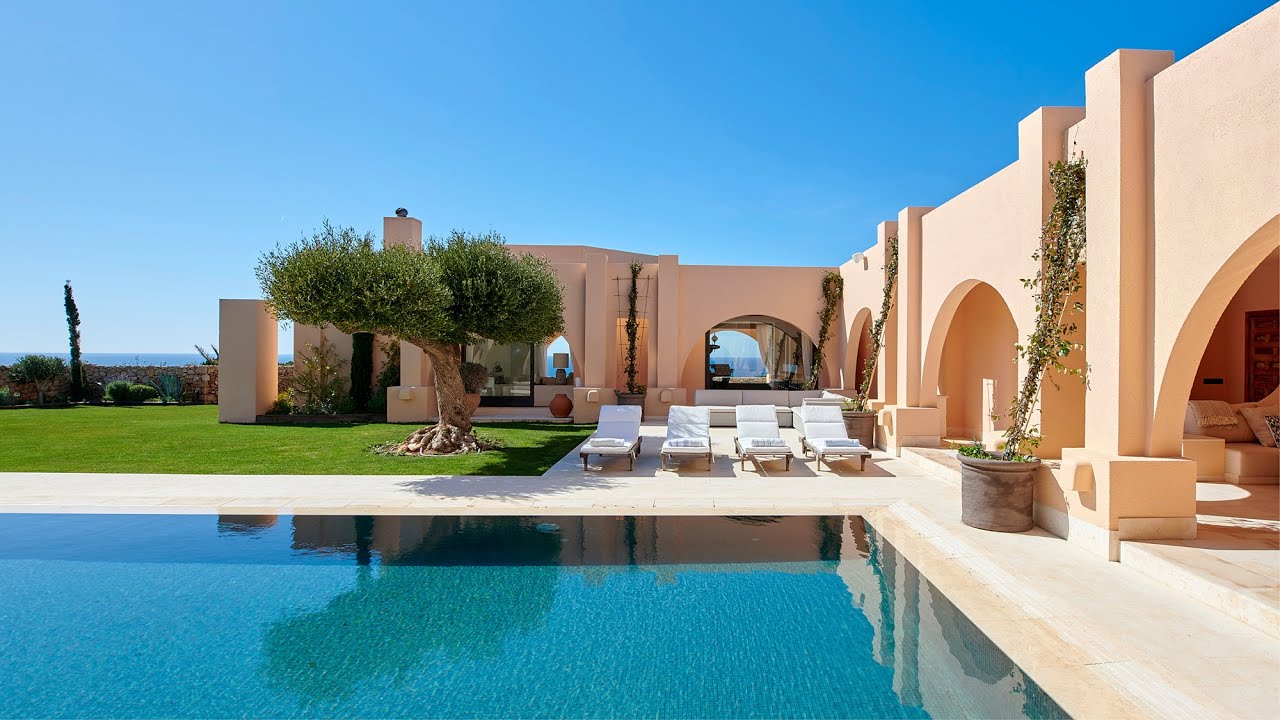 To rent, this Moroccan-inspired Ibiza villa enjoys sweeping sea views