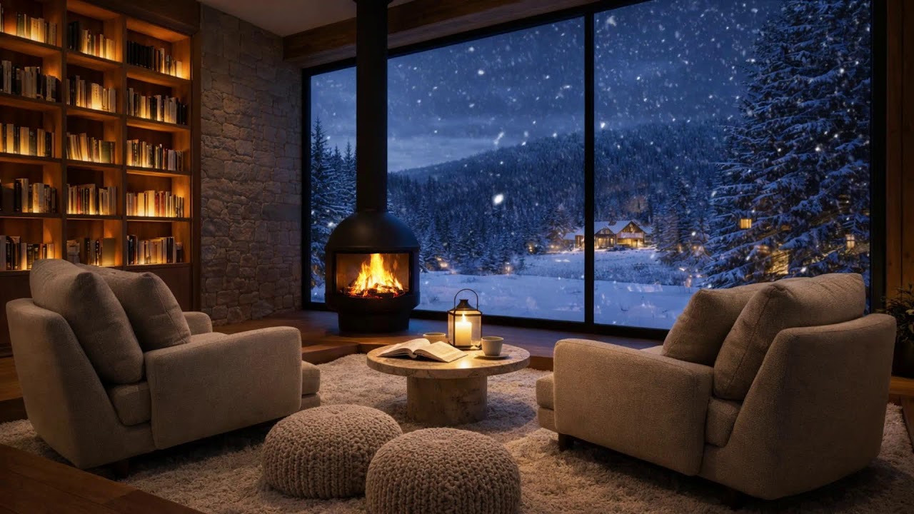 You Fell Asleep in a Snowy Mountain Cabin  Warm Fireplace Night & Falling Snow