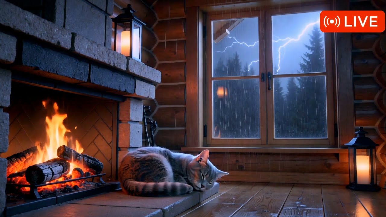 🔥Cozy Cabin Fireplace with Heavy Rain & Sleeping Cat 🐱| 8 Hours Relaxing Night Ambience #relax #usa