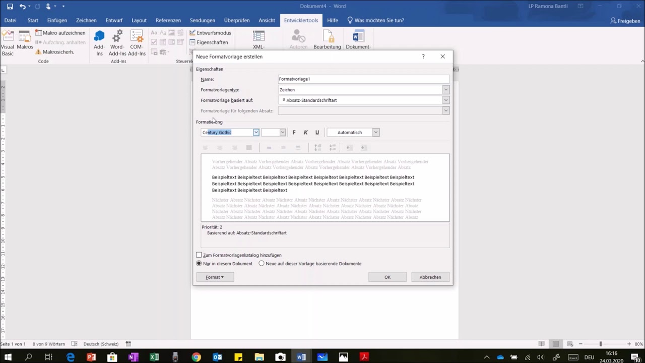 Word Entwicklertools Steuerelemente (Aufgabenvorlage erstellen)