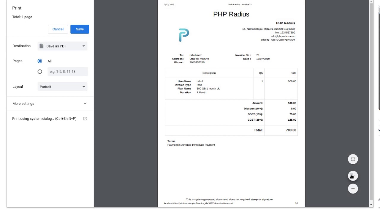 how to print invoice in client portal | PHP Radius