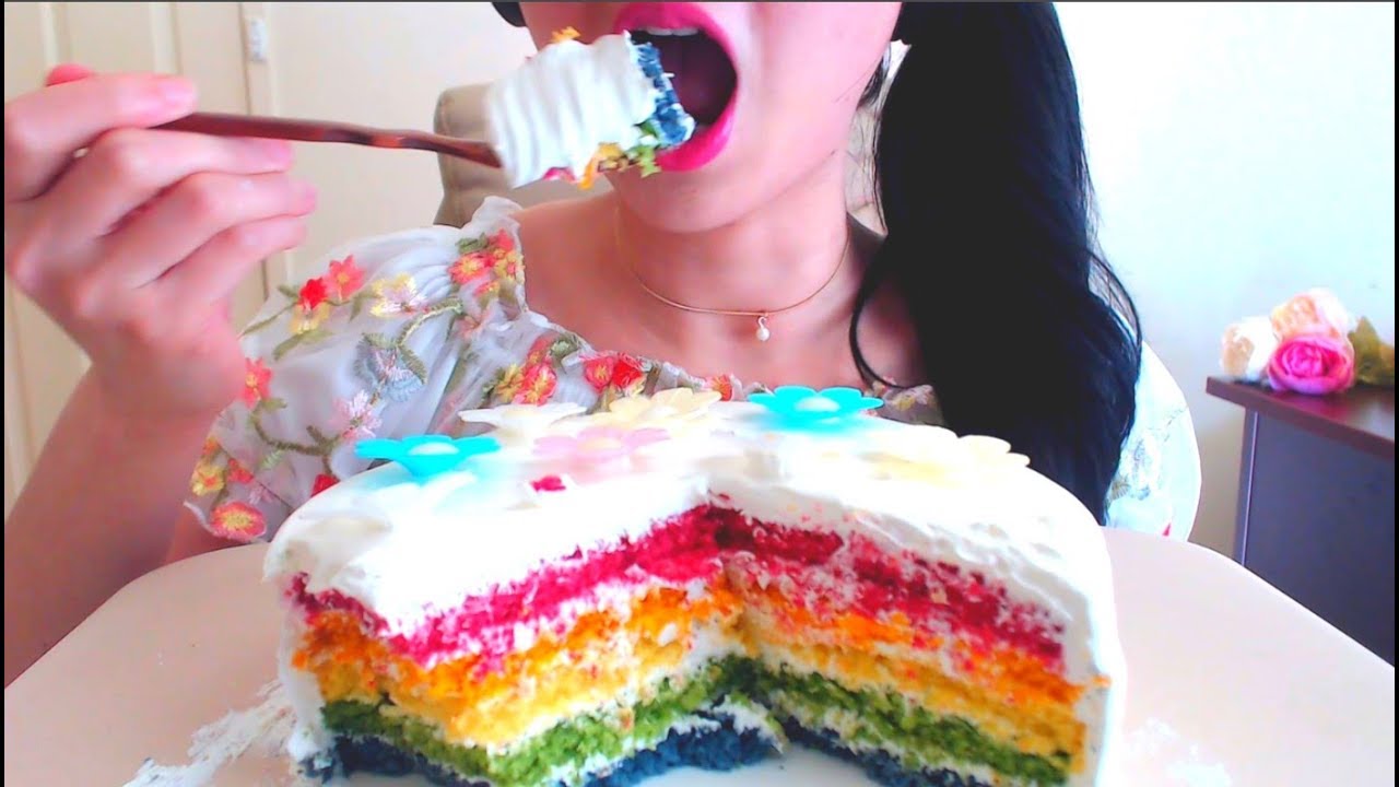 ASMR EATING 🍰RAINBOW CAKE | 🥃ICED COFFEE | NO TALKING