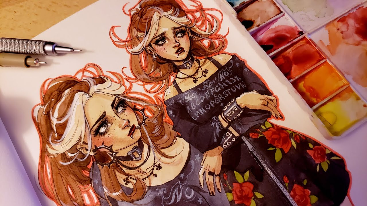 ✦ Сессия в Chill Sketchbook | Рисование персонажей акварелью и тонкими линерами | полный процесс