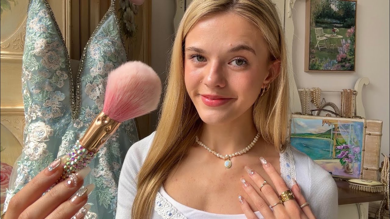 ASMR Big Sis Does Your Prom Makeup 🩵🌸 (you're wearing my prom dress!)