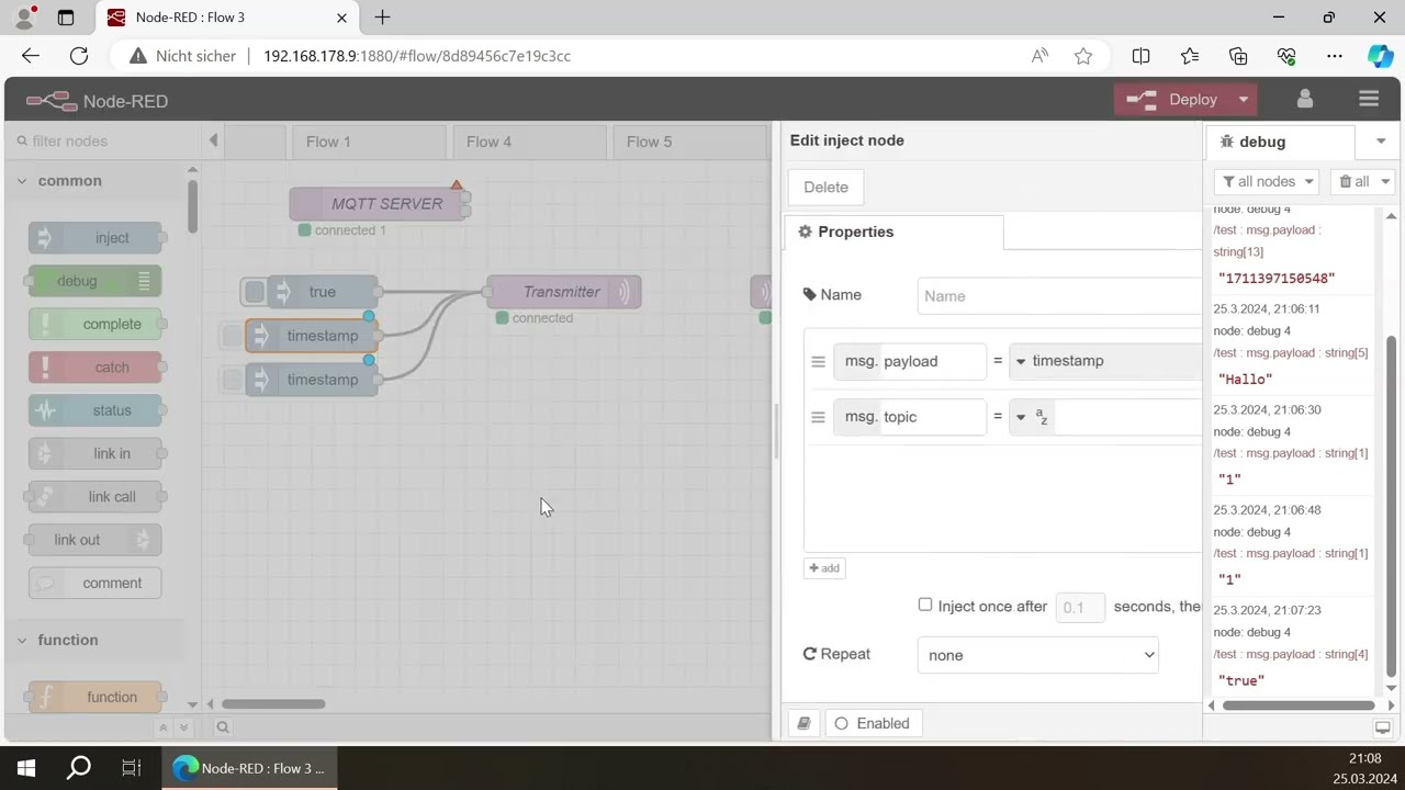 Node-Red Daten Verbindung zwischen mqtt austauschen