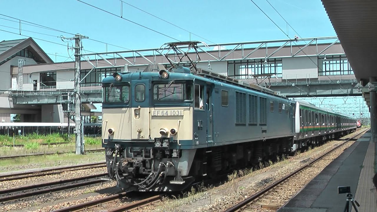 E233系3000番台配給　EF64-1031+高タカD03編成　新津駅発車(警笛付き!)