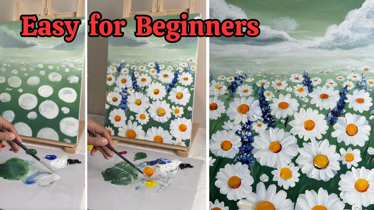 How to Paint a Daisy Field with a Cloudy Sky - Acrylic Painting Tutorial for Beginners