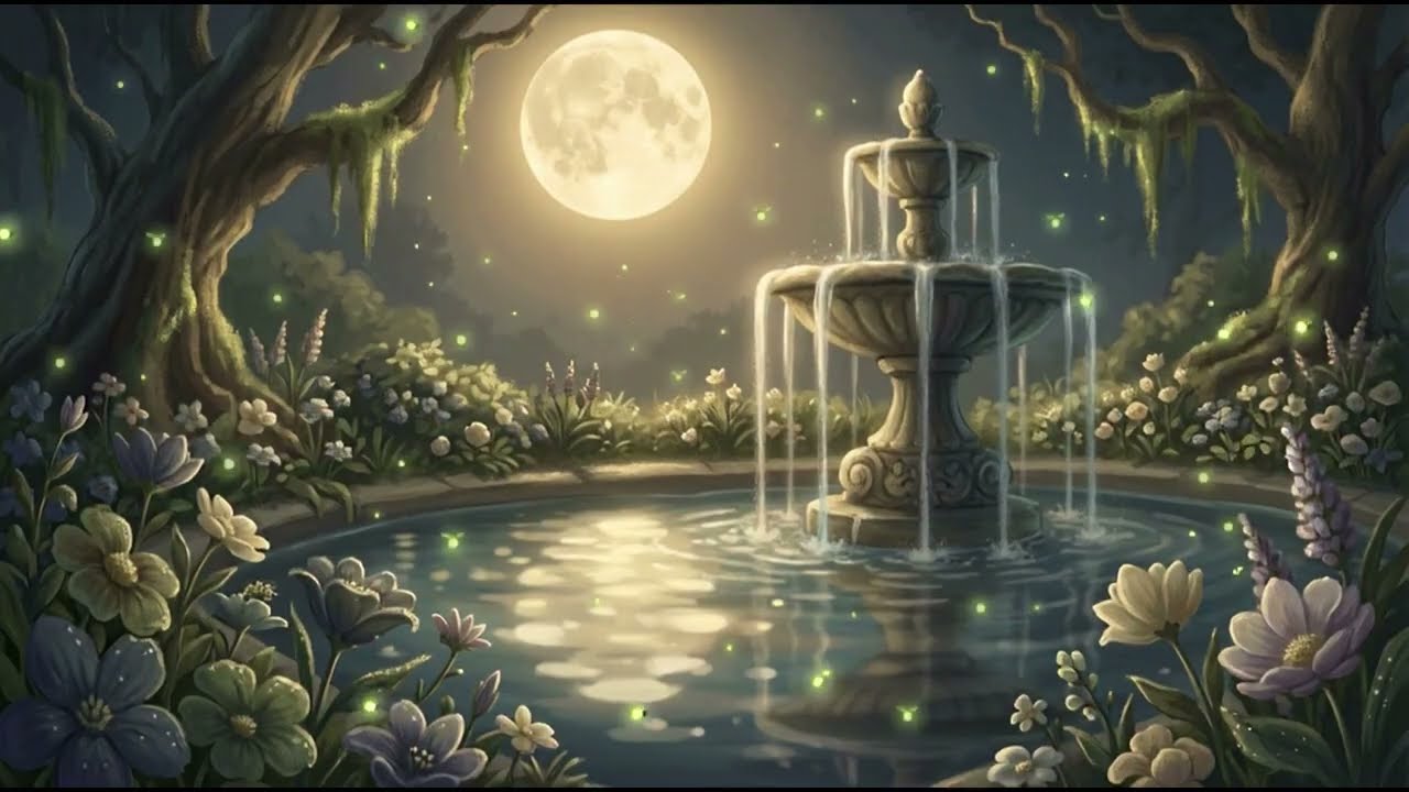 Jardín Nocturno 🌙💧 Fuente Suave y Grillos para Dormir y Relajarse | 1 Hora