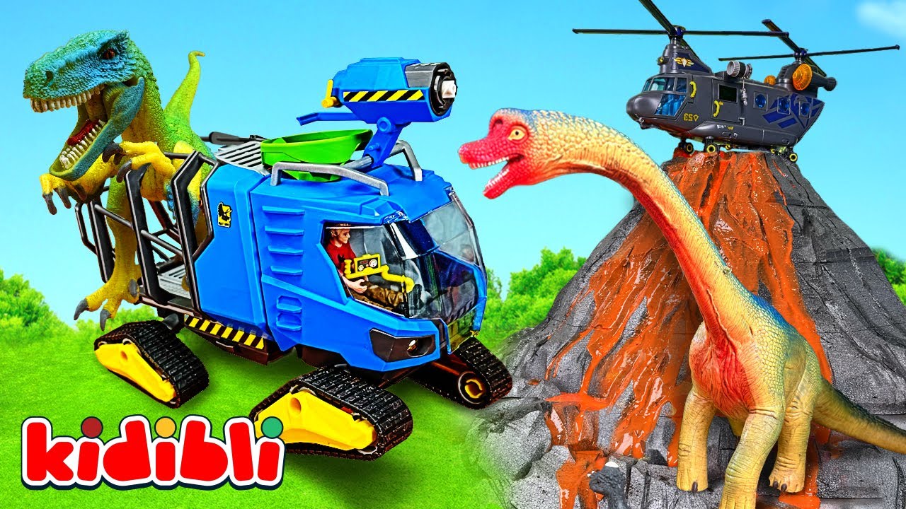 Toy Dino Rescue Truck & Helicopter Save Dinosaurs before Volcano Eruption 🦕 Video for Kids | Kidibli