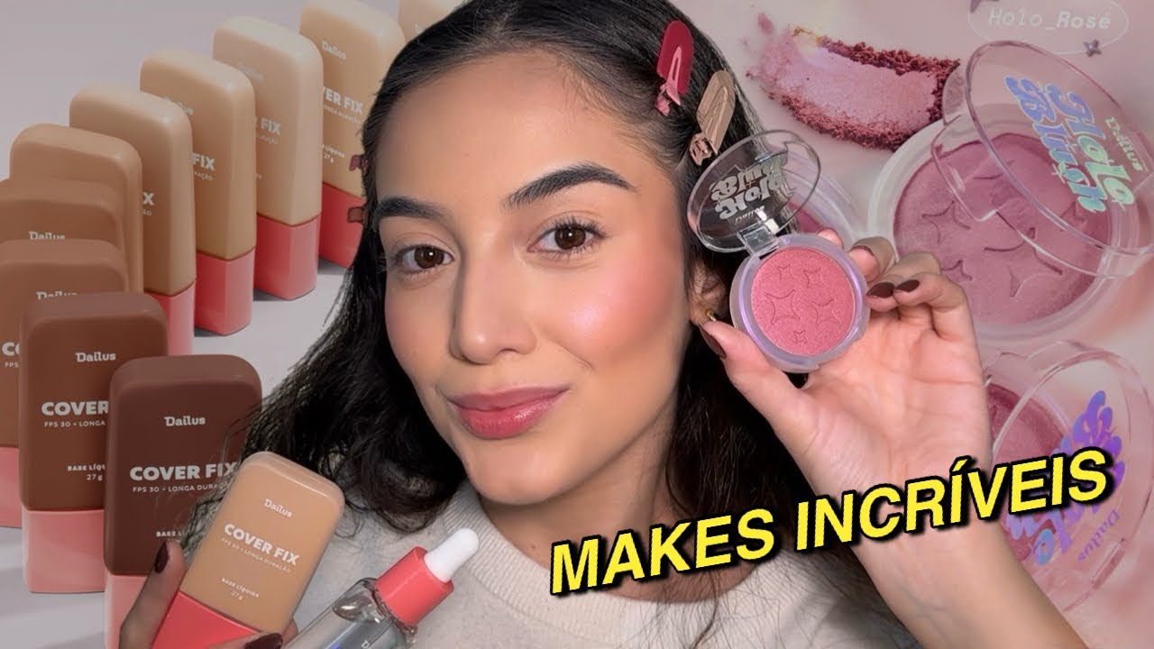 TESTANDO NOVIDADES DA DAILUS - BASE COVER FIX, BLINDAGEM E BLUSH HOLOGRÁFICO ✨