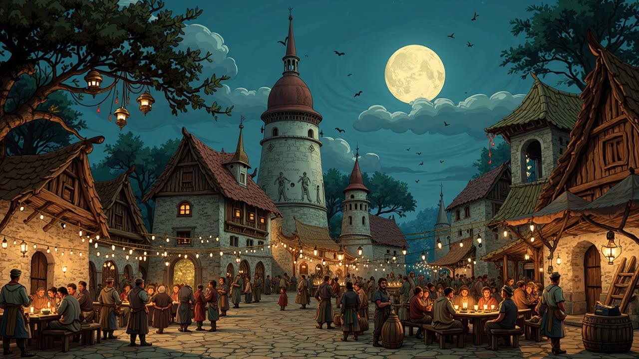 Medieval Village Night | Relaxing Music | Celtic Folk | Study | Sleep | RPG Ambiance
