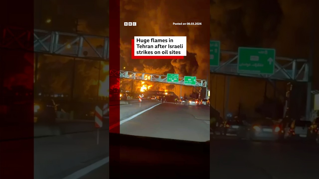 Huge flames in Tehran after Israeli strikes on oil sites. #Tehran #BBCNews