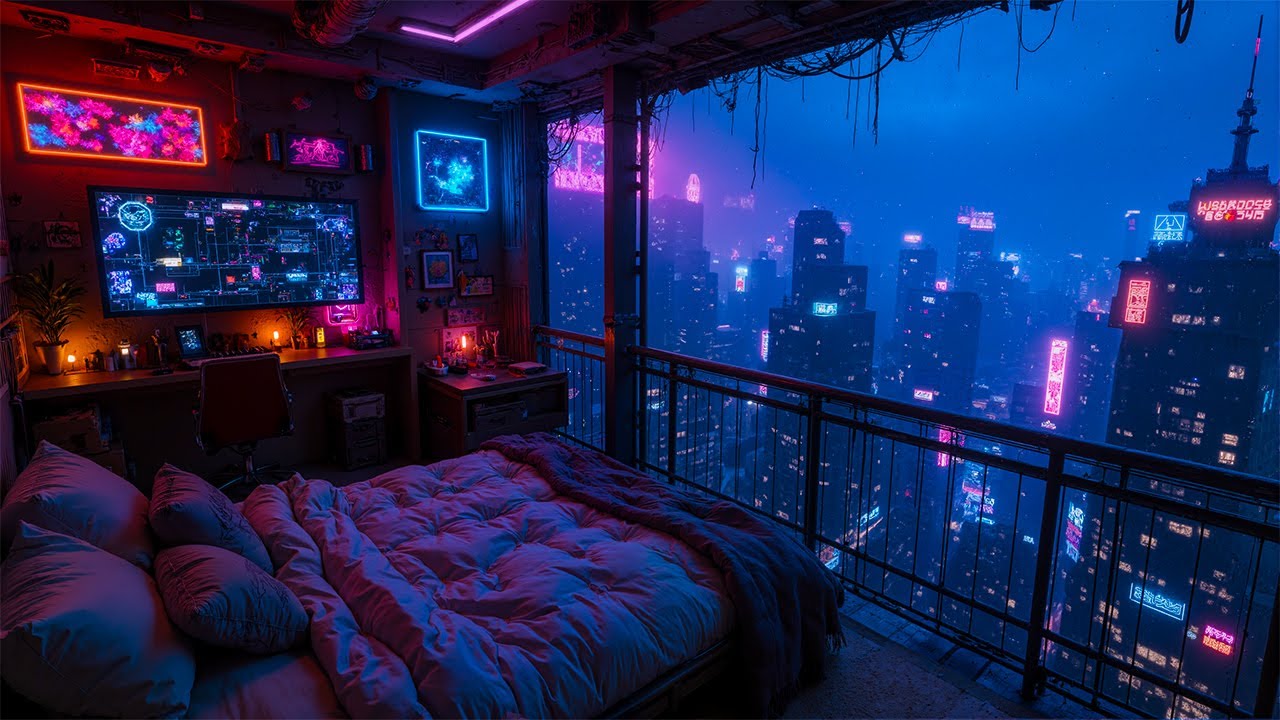 Cyberpunk Neon Sky Bedroom | Cozy Futuristic Apartment Overlooking Night City Lights | 4K