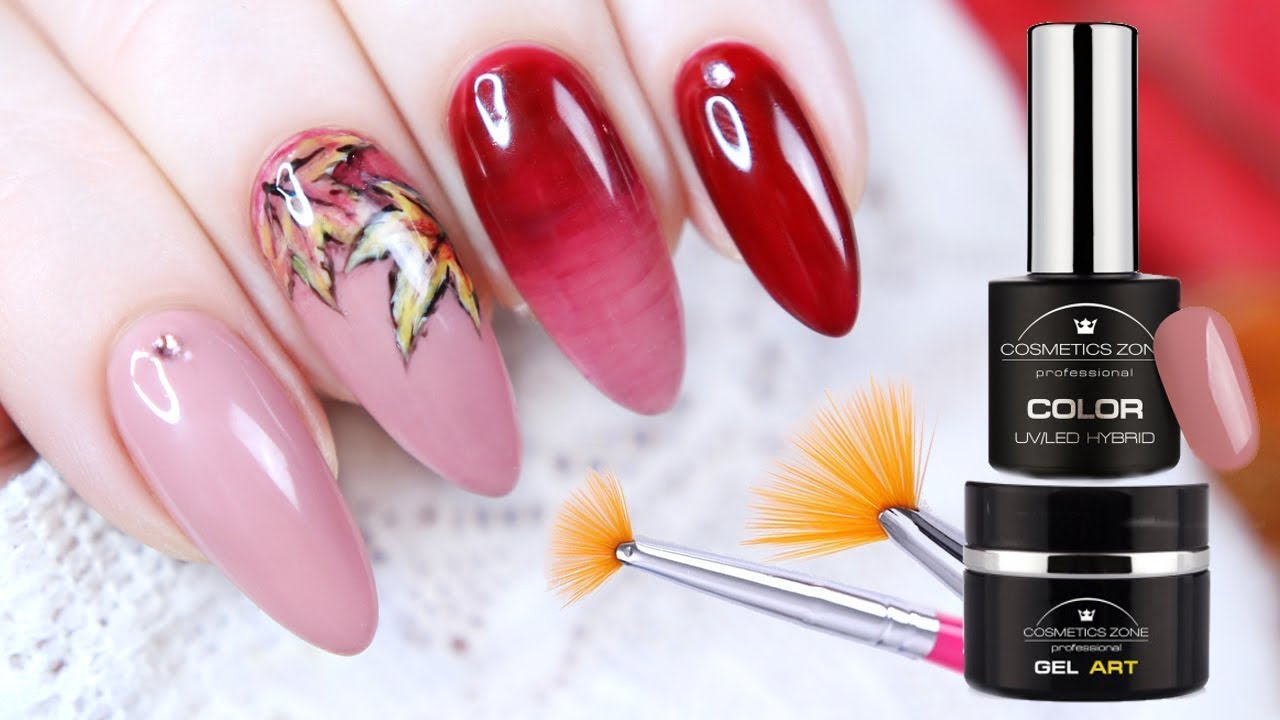 Jesienne Paznokcie - Hybrydy Cosmetics Zone i ręcznie malowane liście Gel Art * Candymona