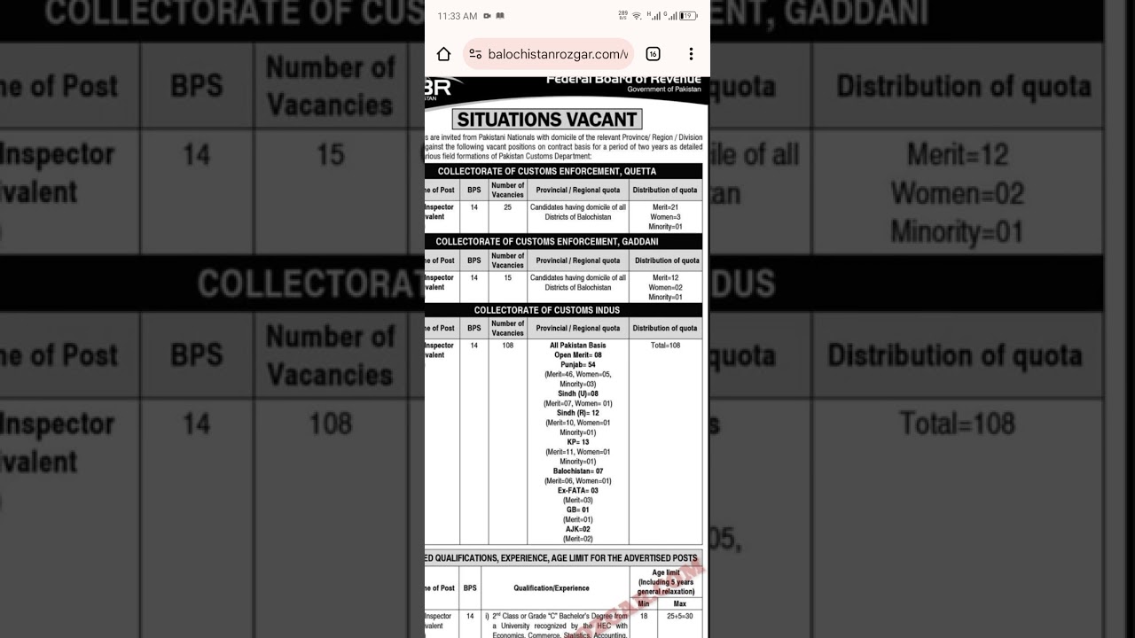 Sub inspector BPS ( 14 )  jobs in FBR ( Federal Board of Revenue) total 108 vacancies #jobsearch