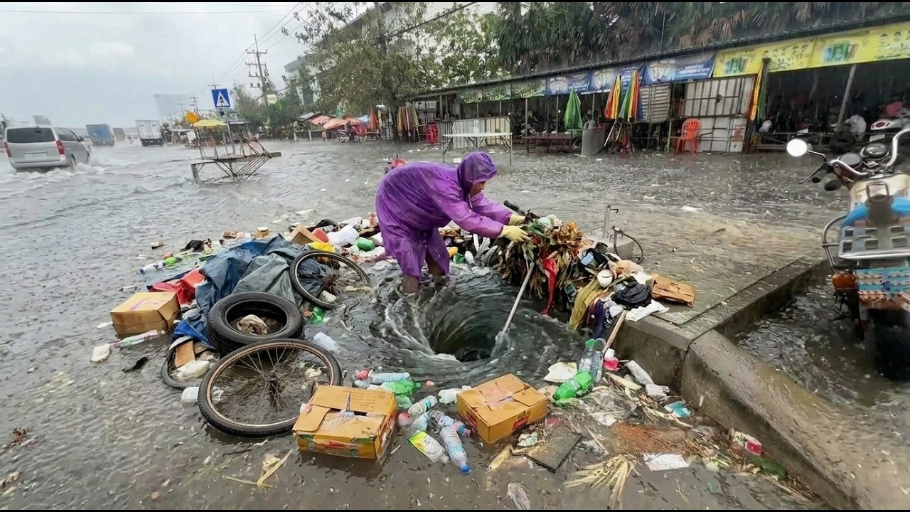 Cleaning a Clogged Drain Under Heavy Rain! 🌧️💪