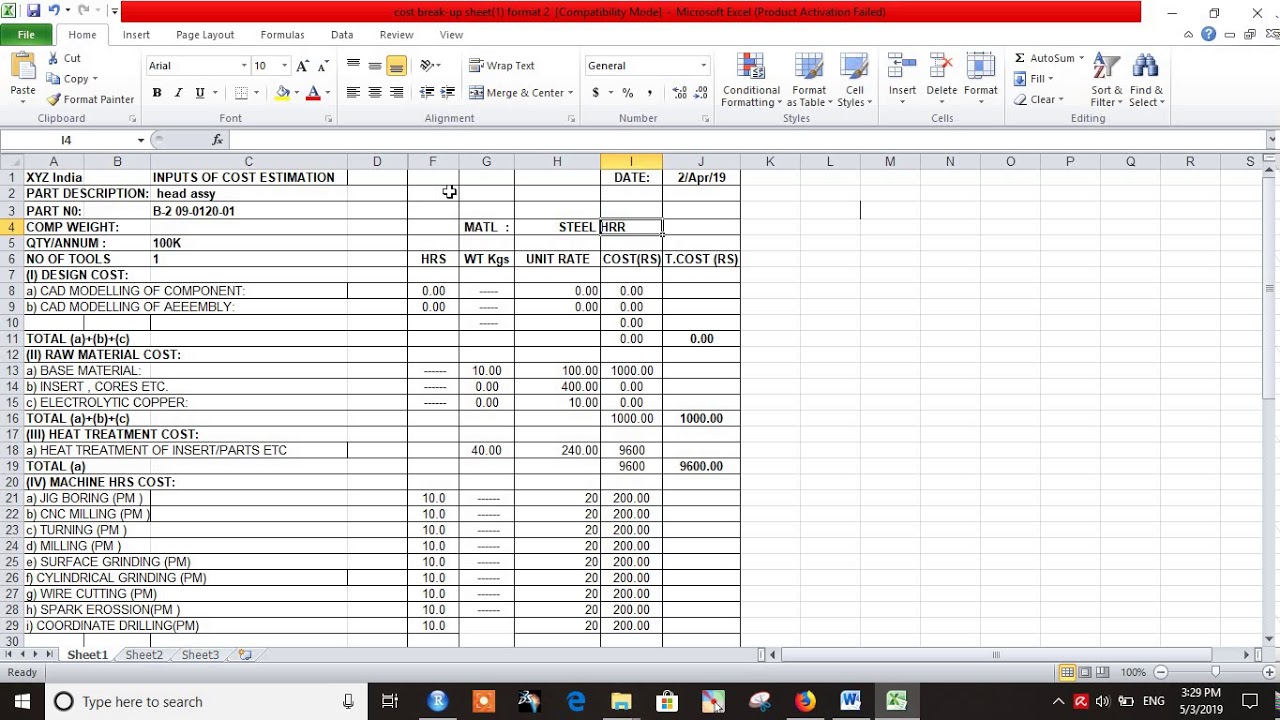 Cost Estimation of mechanical component or assembly