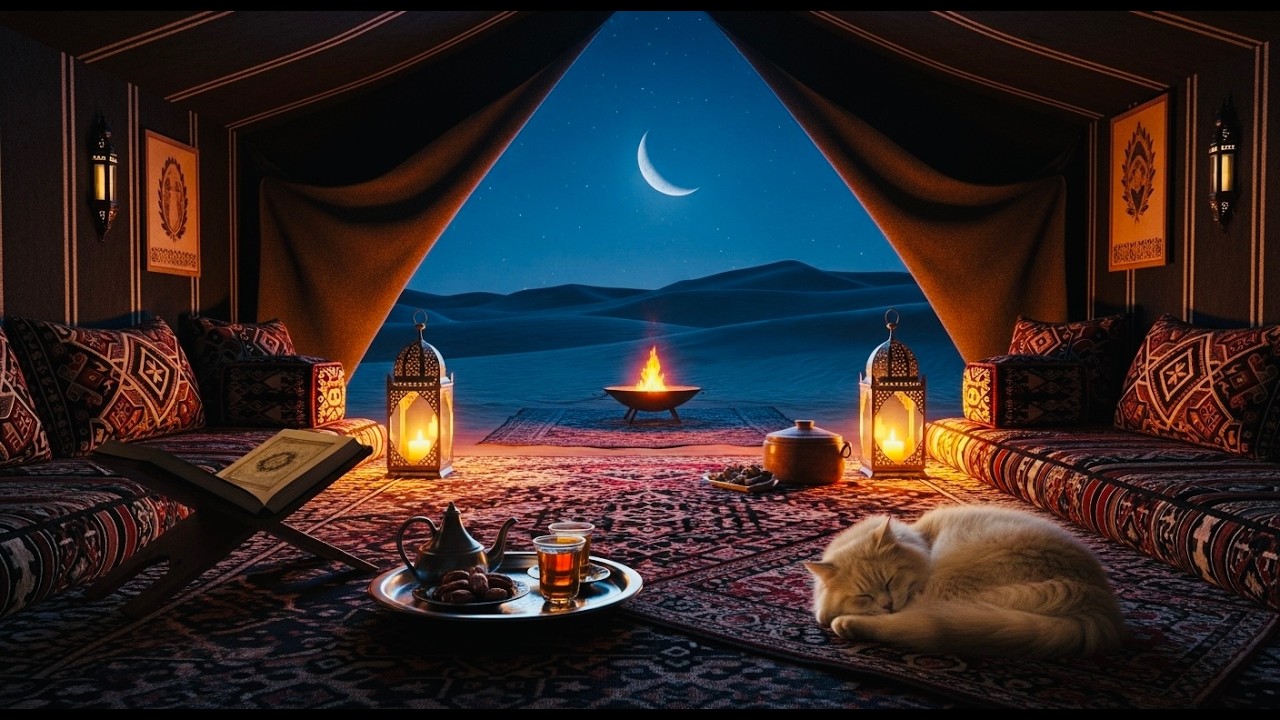 Cozy Ramadan Ambience | Desert tent | ASMR Sounds of fire, gentle wind, owl, crickets, cat purring