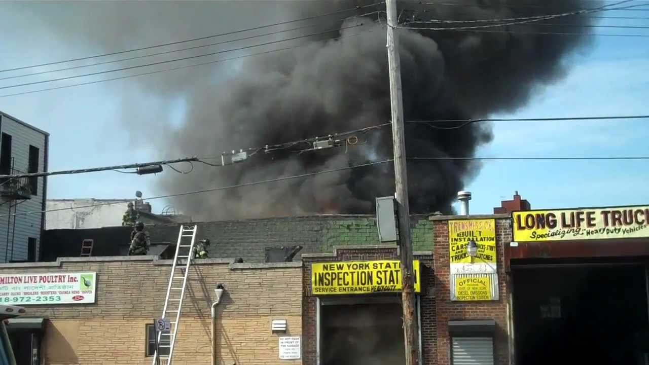 FDNY 4 ALARM FIRE WITH FIREFIGHTER falling at 2.50 min mark RESCUE AT 6.50 MIN MARK