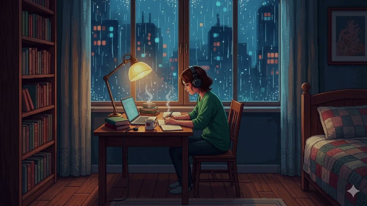 Rainy Night Study Room ☔ Lofi Jazz Rain Ambience for Study, Focus & Sleep