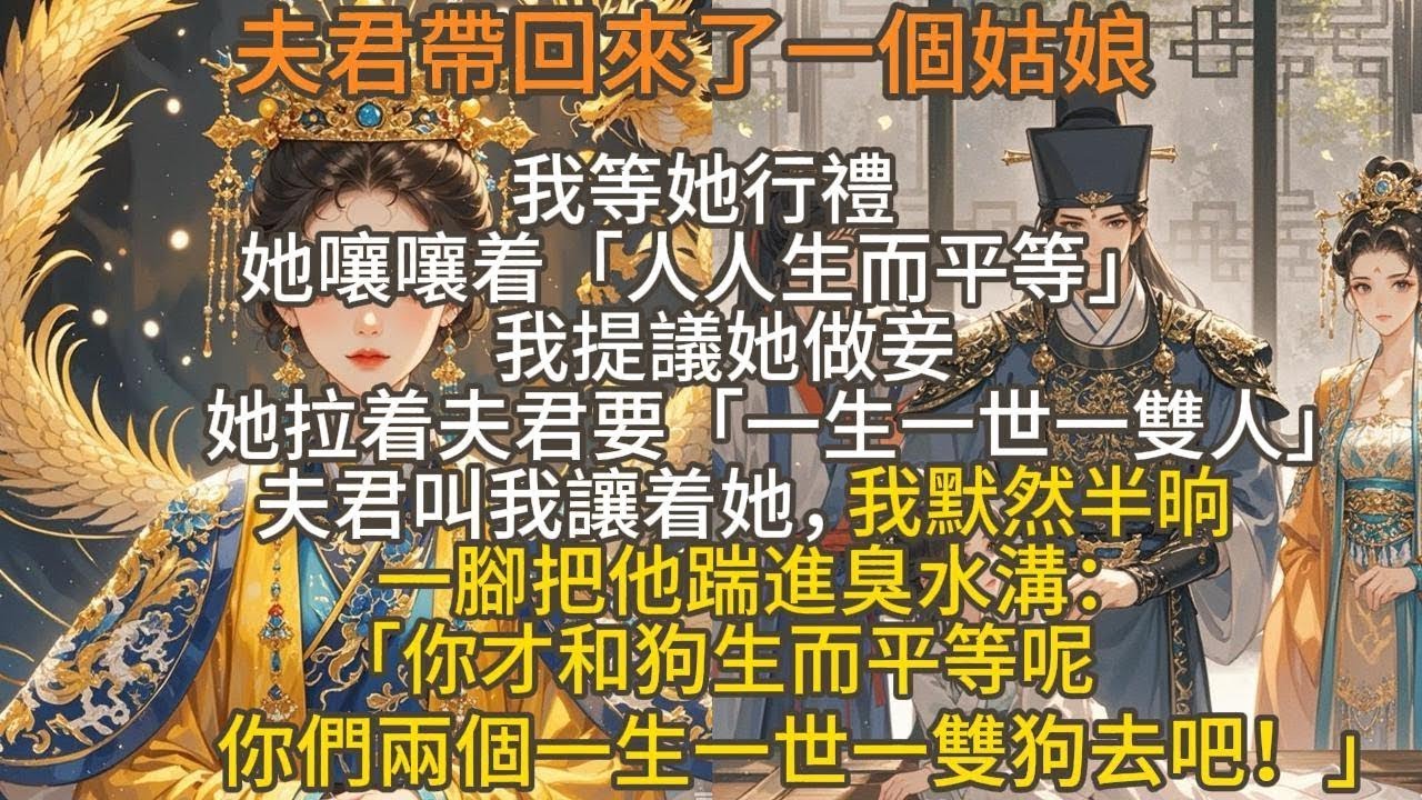 完結爽文：我是受寵的公主，夫君帶回來一個姑娘，我等她行禮，她嚷嚷着「人人生而平等」，我提議她做妾，她拉着夫君要「一生一世一雙人」。夫君叫我讓着她。我默然半晌。一腳把他踹進臭水溝。