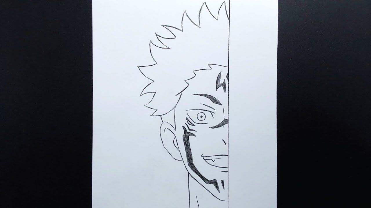 Easy anime half face drawing / How to draw Sukuna step by step / easy anime tutorial for beginners