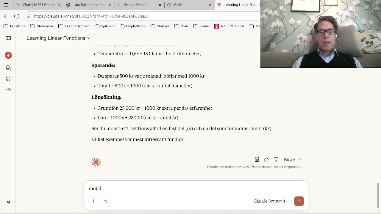 AI för elever. Använd AI i skolan för att lära dig. Ett exempel matematik linjära funktioner