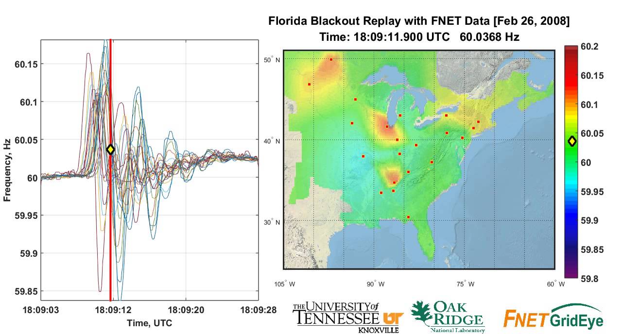 FNET/GridEye 2008 Florida Blackout Replay_map