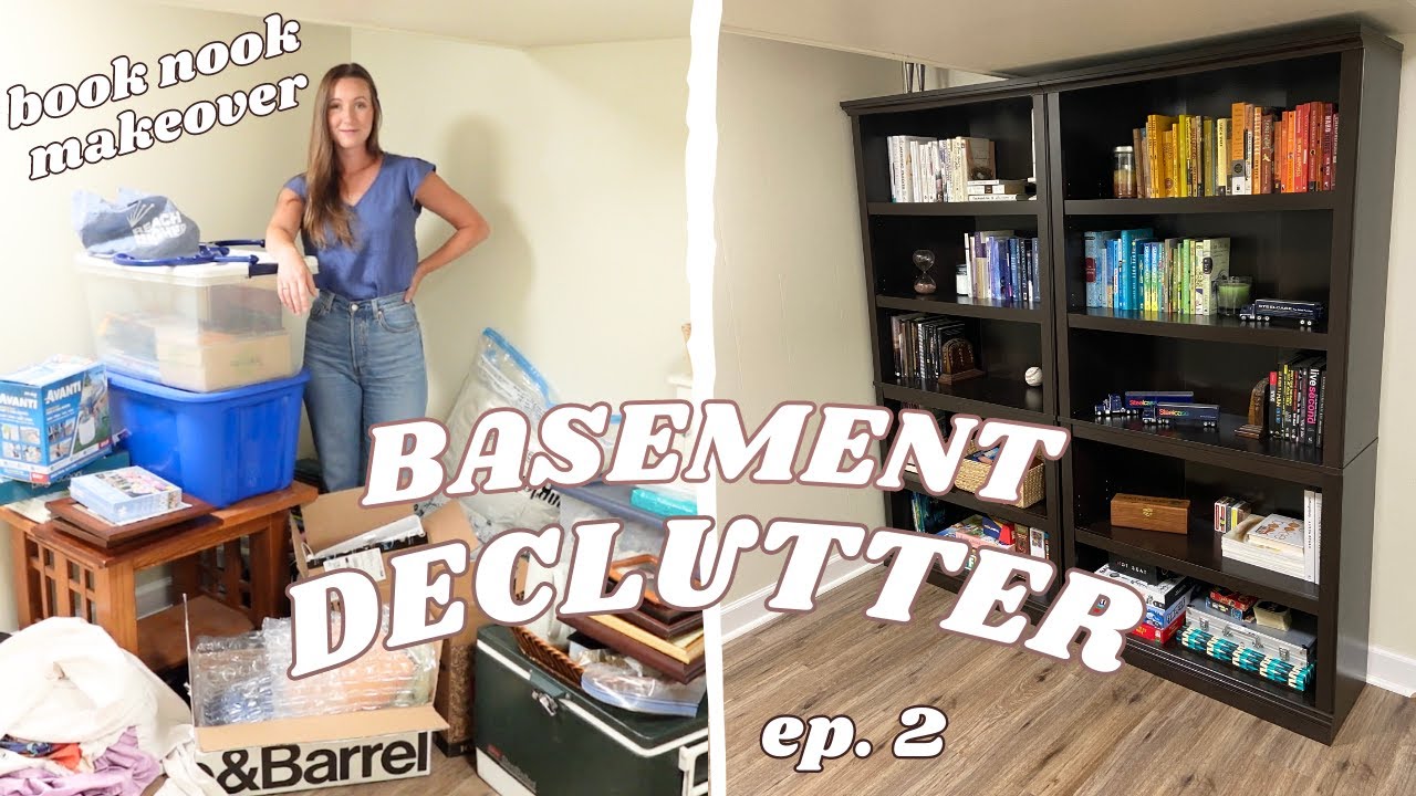 BASEMENT DECLUTTER EP. 2: transforming a cluttered corner into pretty bookshelves!