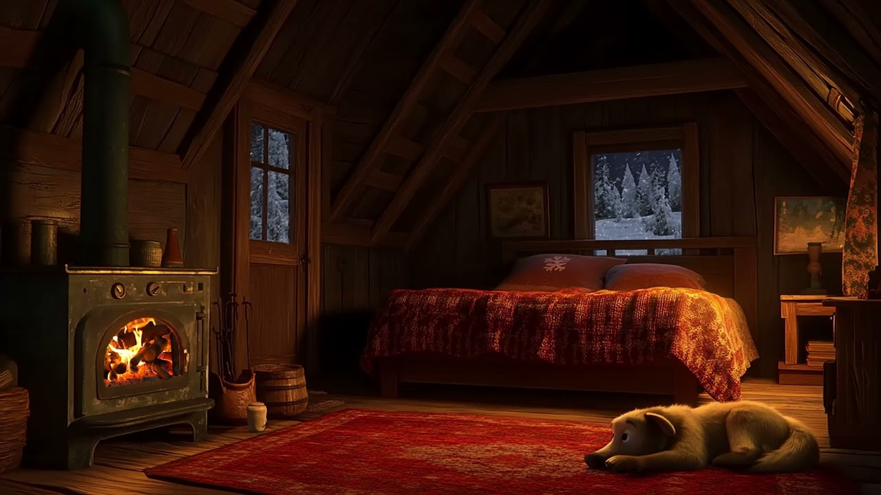 Warm Winter Attic at Night with Fireplace and Snowstorm Sounds to Help You Sleep