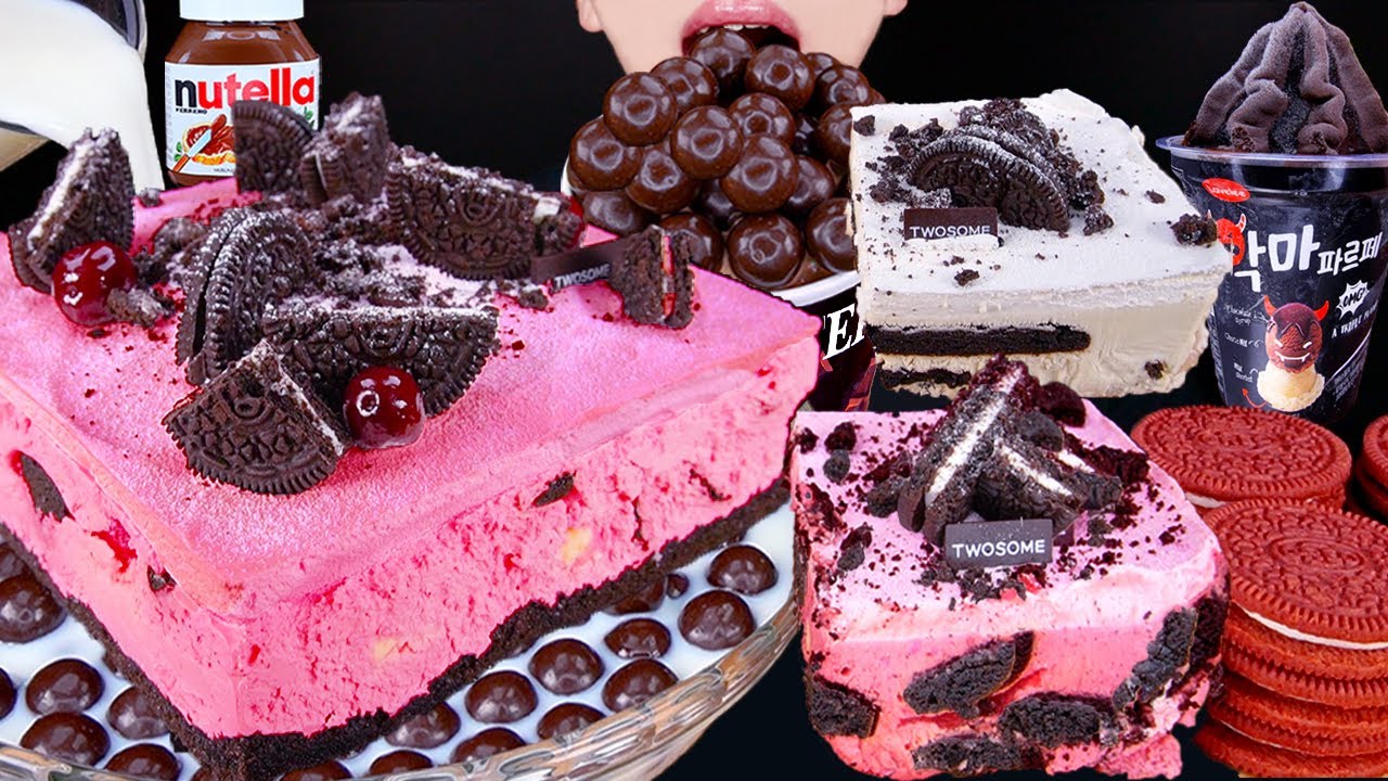 ASMR PINK OREO CAKE MALTESERS MAGNUM CHOCOLATE ICE CREAM NUTELLA DESSERT MUKBANG 먹방咀嚼音 EATING SOUNDS