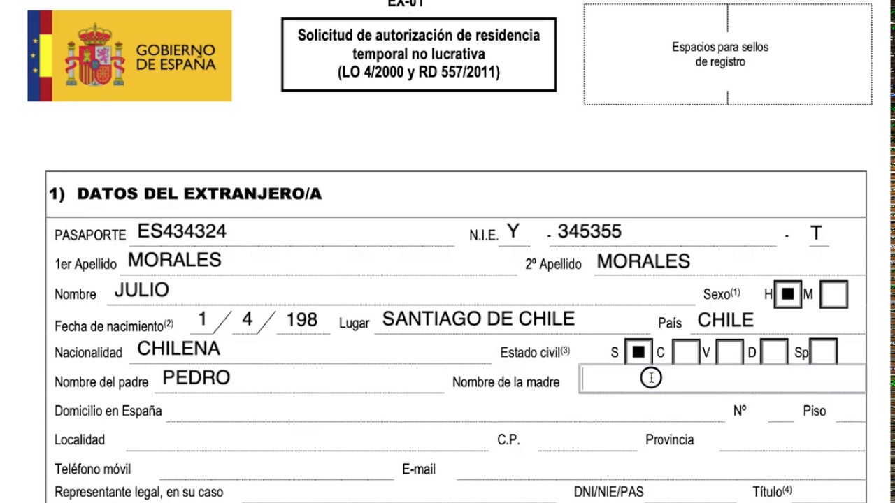 Formulario EX01 para solicitar residencia de búsqueda de empleo en España