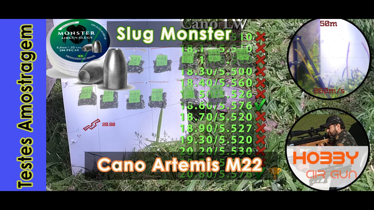 Testes Kit Slug Monster, diferentes gramaturas e diâmetros - Cano M22