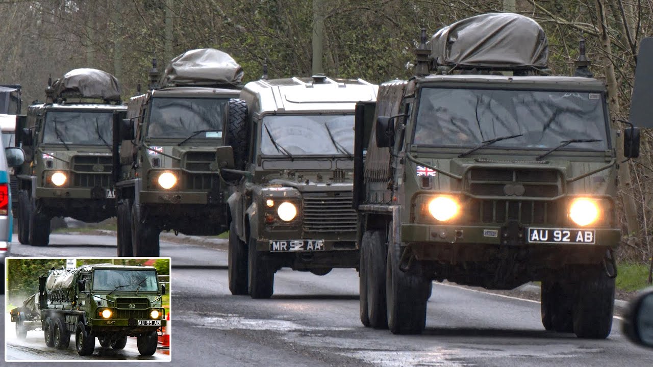 British Army trucks pulling field guns and travelling in utility vehicle convoys 🪖