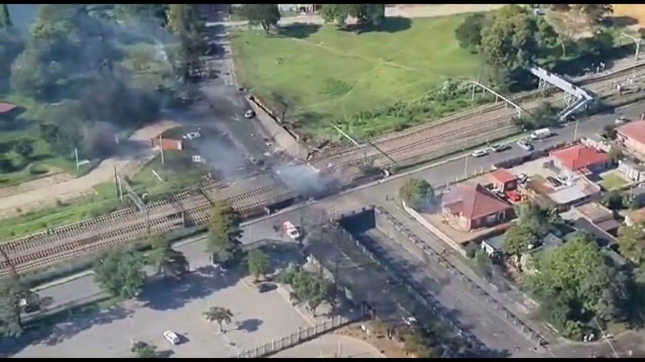 Aerial view of aftermath of tanker explosion in Boksburg