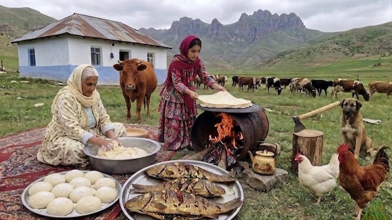 IRAN Village Life | Baking Fresh Bread & Cooking Stuffed Fish in an Iron Barrel