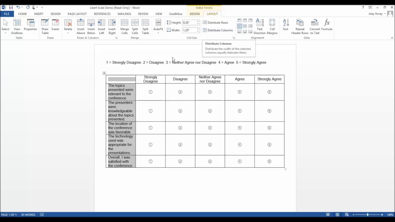 Creating a Likert Scale with bubble answer options in Microsoft Word