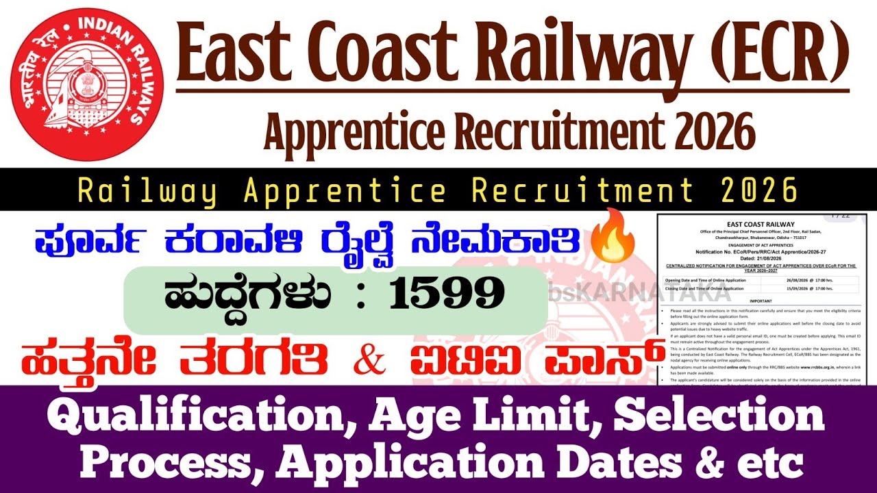 ECR Apprentice Recruitment 2026 | Railway Apprentice Recruitment 2026 | Railway Vacancy 2026 | ECR |