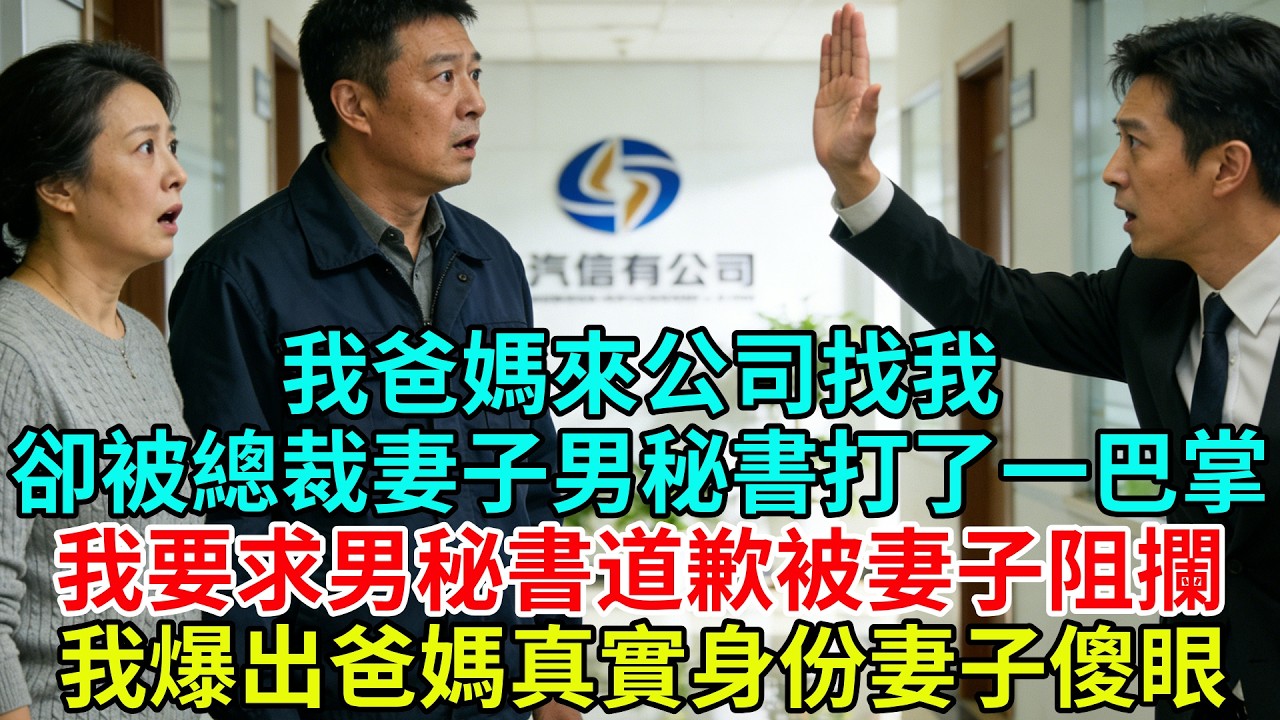 我爸媽來公司找我，卻被總裁妻子的男祕書打了一巴掌，我要求男祕書下跪道歉被妻子阻攔，我直接爆出爸媽真實身份妻子傻眼#故事頻道#故事#情感故事