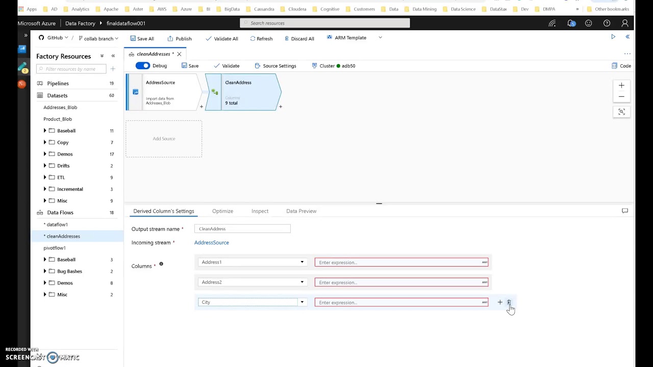 Шаблон потока данных Azure Data Factory: очистка адресов