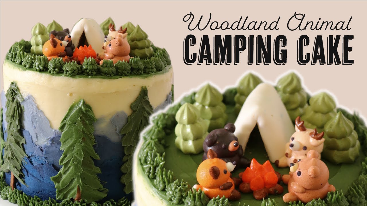 Camping Theme Cake with Woodland Animal Meringues | Cake Decorating Time Lapse Video