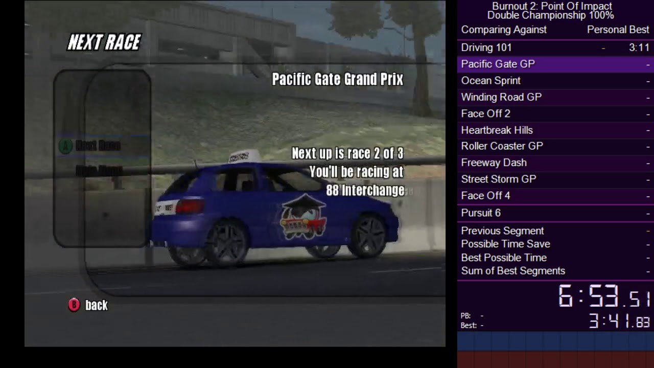 Burnout 2 Double Championship 100% Speedrun - 3:50:00 (3:18:19 IGT)