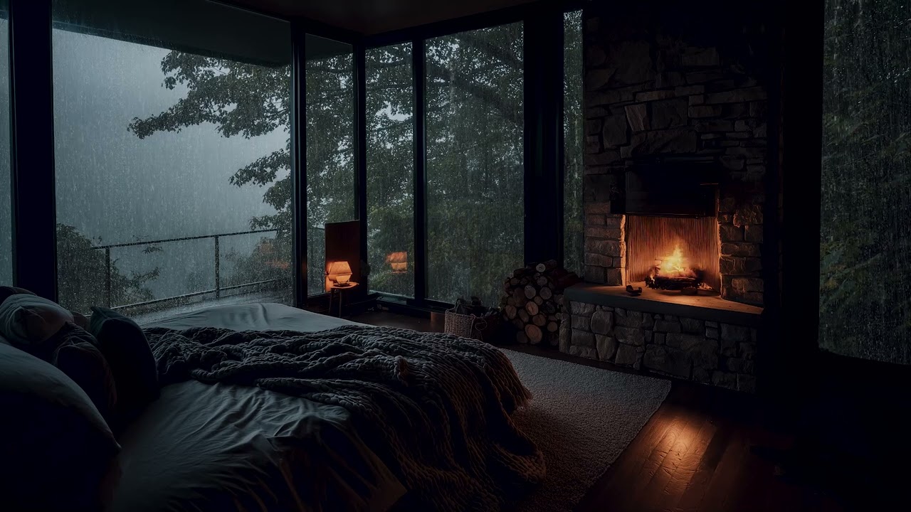 Heavy Rain, Fireplace & Soft Piano | Forest Cabin Ambience for Deep Sleep