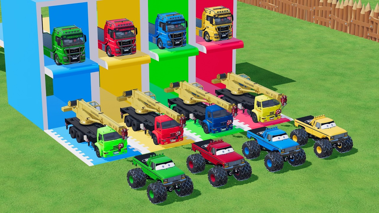 Garage with Colors   ALL MIXER TRUCK WITH DOUBLE FLATBED TRAILER TRUCK, DAF, MERCEDES, TRUCK CRANE
