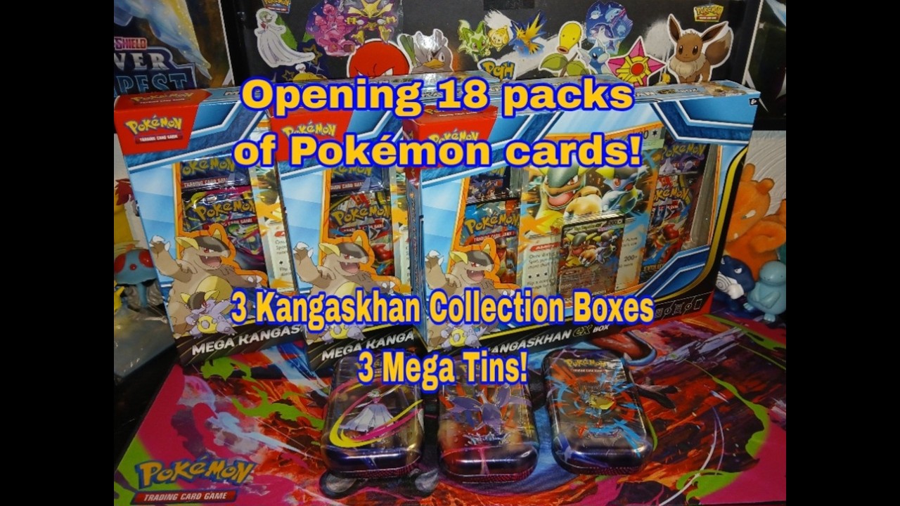 Opening 18 packs of Pokémon cards from 3 Kangaskhan collection boxes and 3 Mega tins! Destined/Mega!