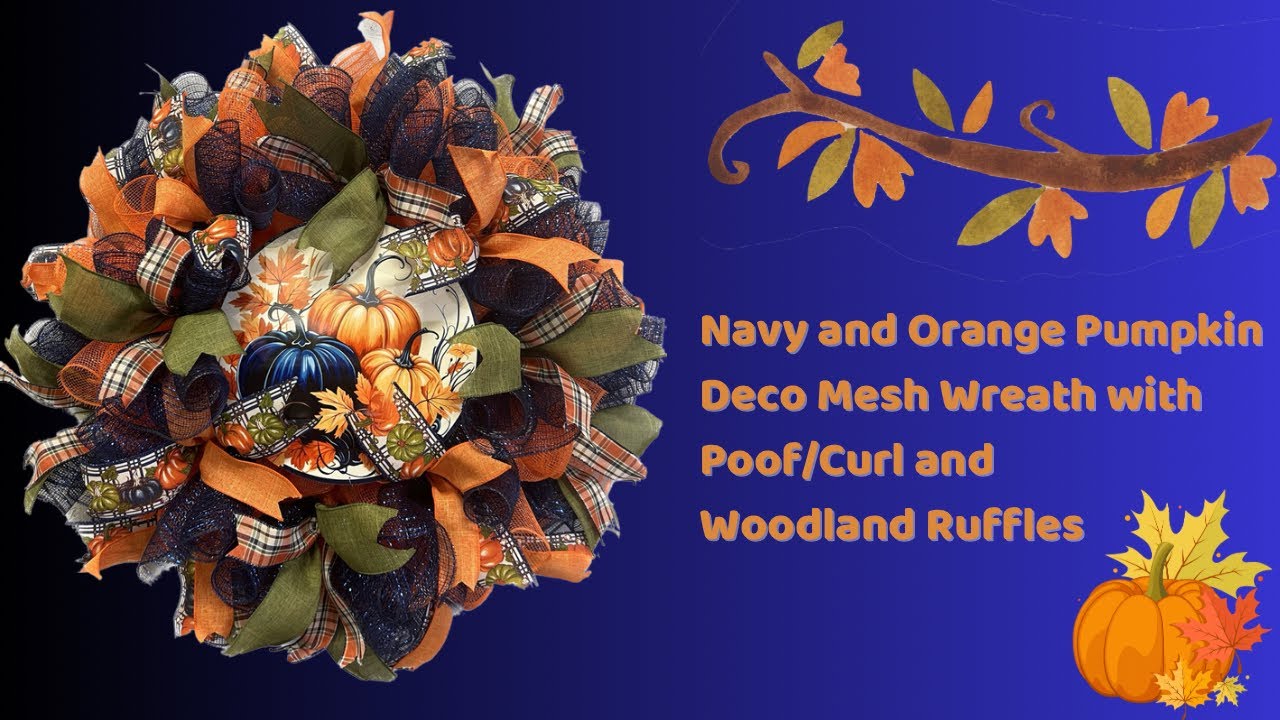 Fall Navy and Orange Pumpkin Deco Mesh Wreath |Hard Working Mom |How to