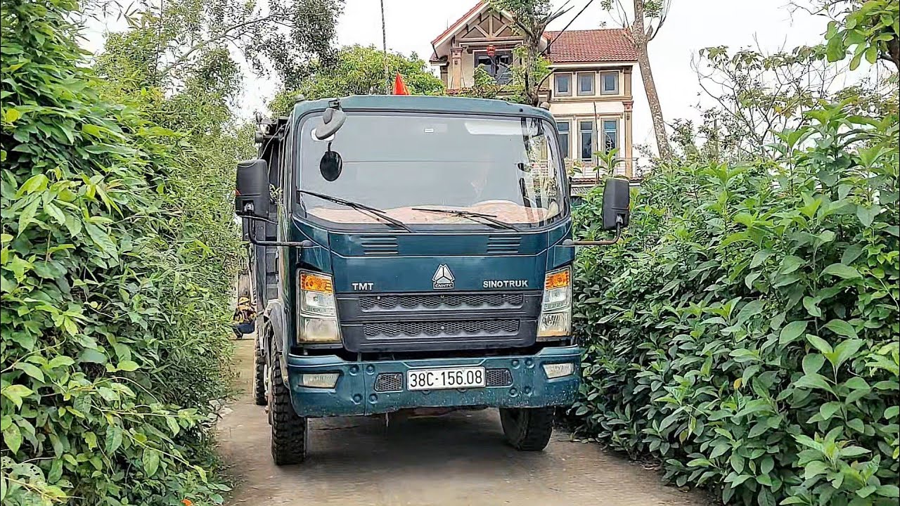 Xe Ô Tô Tải Ben Lùi Vào Đường Hẻm Sâu Đổ Đất, Hai Bên Có Hàng Cây Rất Đẹp -TẢI BEN TV-