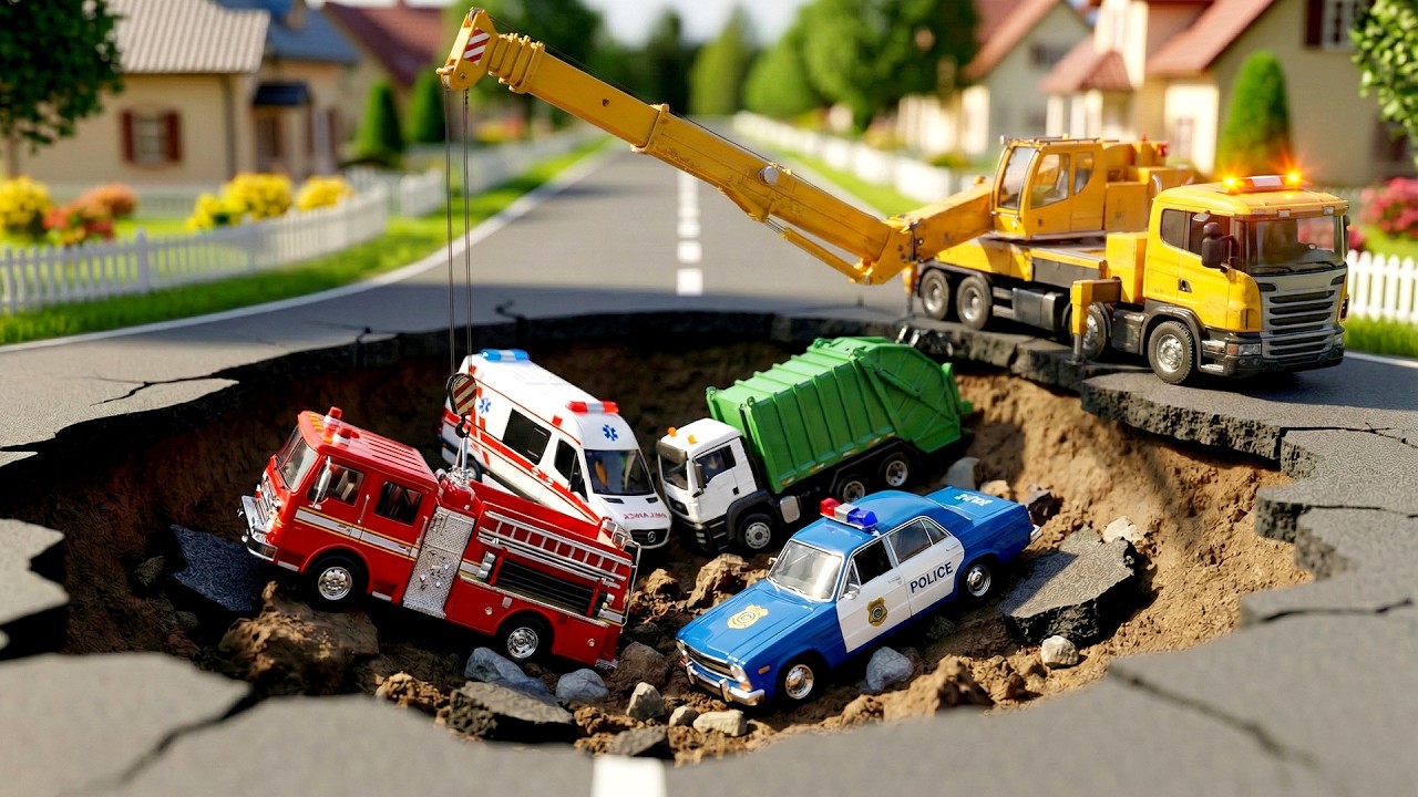 Brave Crane Truck to the Rescue! 🏗️ Tiny Car Sinkhole Adventure 🚒🚑🚓