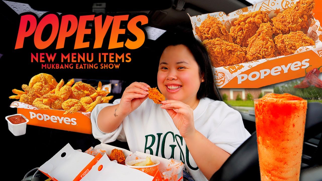 Trying New Popeyes Fast Food Menu Items Mukbang (Ghost Pepper Wings, Shrimp Box...) 먹방 Eating Show!