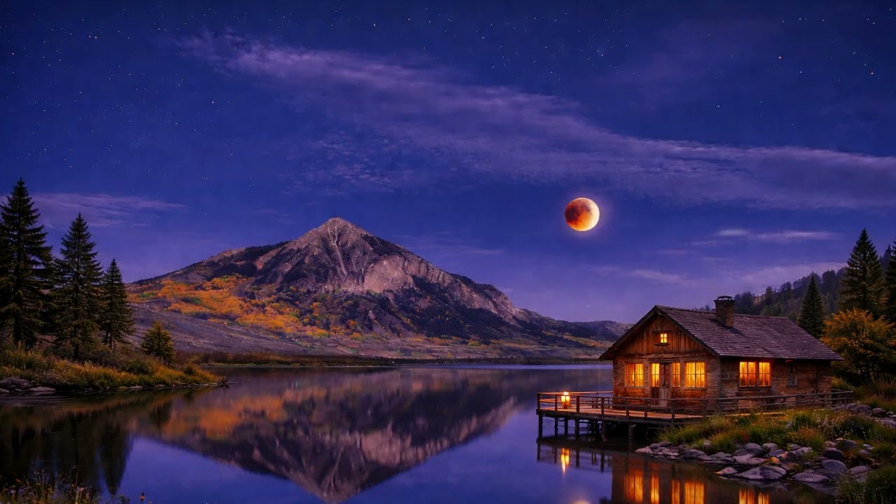 4K Moonlit Lake Cabin Ambience 🌙  3 Hours of Relaxing Music for Sleep & Deep Relaxation
